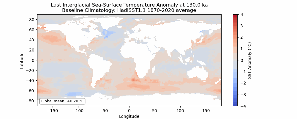 Animated map of reconstructed Last Interglacial sea-surface temperature anomaly evolving from 130 to 115 thousand years ago